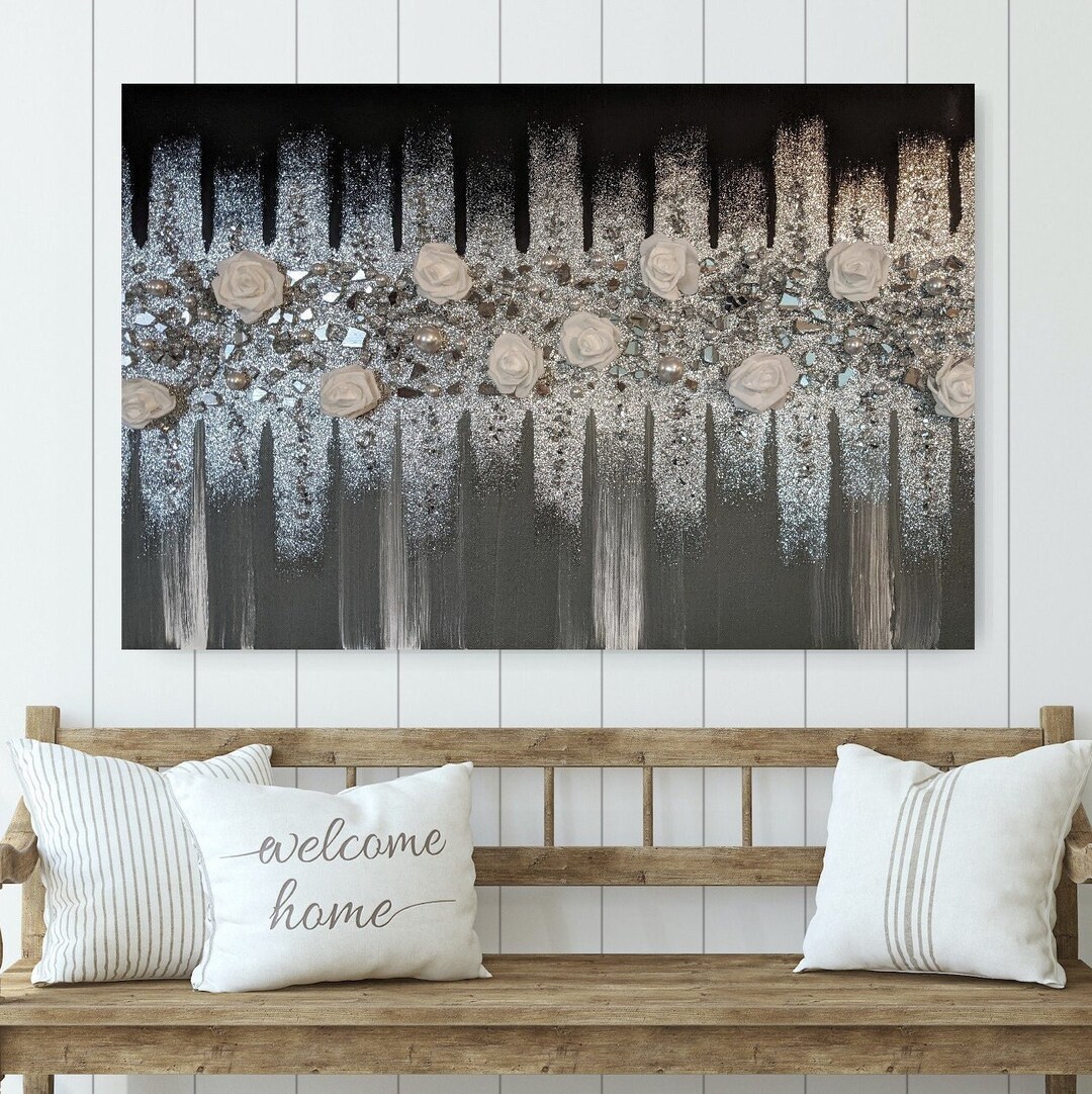 Ebony Shimmer Glitter Glass Painting, Glass Wall Art, Glitter Wall Art