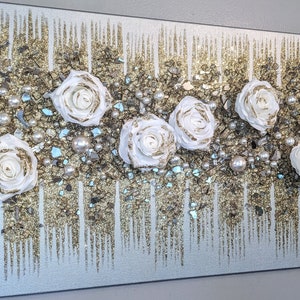 Silver & Gold Roses Glitter Glass Painting, Glam Silver Glass Wall Decor, Gold Glitter Glass Art, Sparkly Bling Glam Wall Hanging