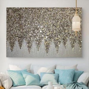 Glitter Painting Glam Champagne Glass Wall Art, Gold Crushed Glass Decor for Elegant Home or Office Decoration