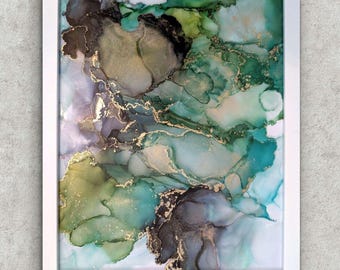 Gilded Forest | Signed Original Alcohol Ink Painting |  Abstract Modern Ink Art | Wall Decor Green Gold Accents Artwork Hanging New 11 x 14