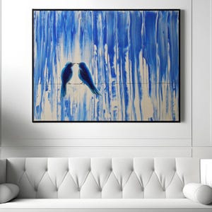 Arte en lienzo mate de agapornis azules, decoración de pared vibrante, perfecto para el hogar, regalo de boda, aniversario, amantes de la naturaleza, pájaros azules colgantes