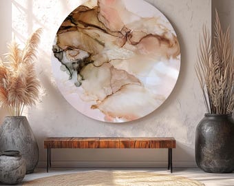 Caramel Drift | Glass Alcohol Ink Art | Original Circle Round Abstract Tempered Glass Brown Neutral Khaki Cream Blush Print Modern New