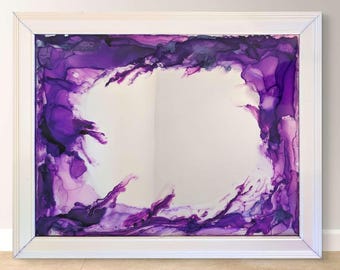 Purple Abstract Alcohol Ink Mirror | Original Art Decorative Hand Painted Mirror | Modern Wall Shelf Decor | 16" x 20" Painting Hanging