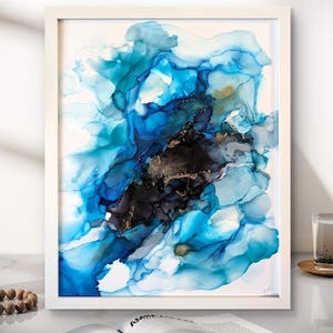 Alcohol Ink Painting Original &#39;Enchantment&#39; Abstract Art on Glass 16x20 Framed Blue Teal Black Gold Modern Marble Signed
