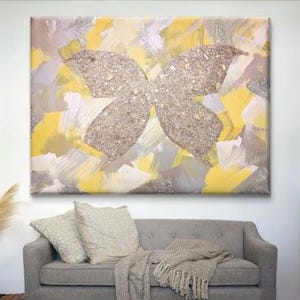 Modern Minimalist Glam Butterfly Glass Painting Art Yellow Champagne Glitter Silver Simple Trendy 2025 Wall Home Decor Hanging Original