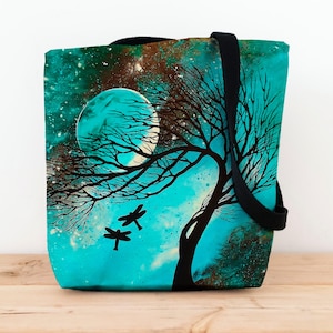 Künstlerische Baum Aqua Libelle Tragetasche, wiederverwendbare Kunst-Einkaufstasche, Naturliebhaber Geschenk, Libellen Tragetasche, Sternenhimmel Alles Tasche