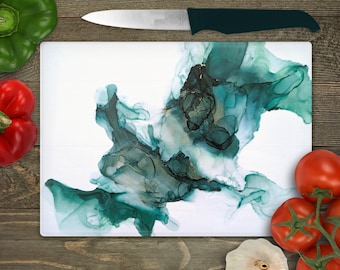 Human Made Alcohol Ink Art Cutting Board | Original Abstract Art Glass Chopping Board Green Gold Serving Tray Large 8" x 11" and 11" x 15"