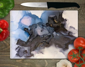 Human Made Alcohol Ink Art Cutting Board | Original Abstract Art Glass Chopping Board Pink Black Serving Tray Large 8" x 11" and 11" x 15"