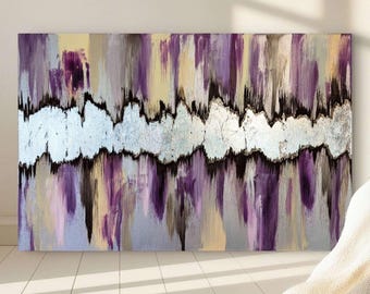 Lunar Rift | Original Silver Leaf Abstract Painting | Canvas Modern Wall Art | Purple Violet Cream Champagne Brown Signed Texture Artwork