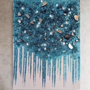 Turquoise Glitter Glass Painting, Turquoise Wall Art, Crushed Glass Art, Turquoise Decor, Turquoise Glitter Art, Turquoise Glitter Painting