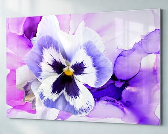 Glossy Original Glass Wall Art | 'Pansy Fantasy' Acrylic Art Print Purple White Pansies Photo Alcohol Ink Statement Piece New | Home Office