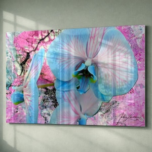 Glossy Acrylic Glass Wall Art | 'Candy Orchid Fantasy' Original Art Print Pink Blue Orchids Photo Alcohol Ink Statement Piece | Home Office