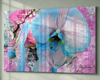 Glossy Acrylic Glass Wall Art | 'Candy Orchid Fantasy' Original Art Print Pink Blue Orchids Photo Alcohol Ink Statement Piece | Home Office