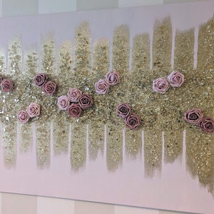 Blush and Gold Roses Glam Wall Art, Flower Art, Glass Wall Art, Pink Glitter Glass Painting, Pink Glitter Painting, Blush Wall Art