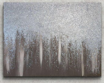 Brown Beige Silver Glitter Painting | Modern Glam Art Wall Decor | Neutral Sparkly Bling Minimalist Artwork Hanging | Contemporary Home