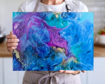 Human Made Alcohol Ink Art Cutting Board | Original Abstract Art Glass Chopping Board Blue Purple Serving Tray Large 8" x 11" and 11" x 15"
