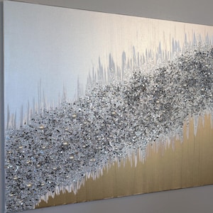 Silver Gold Glitter Glass Painting, Angel Feathers Series Crushed Glass Art, Large Original Home Decor,  Abstract Wall Decor Hanging New