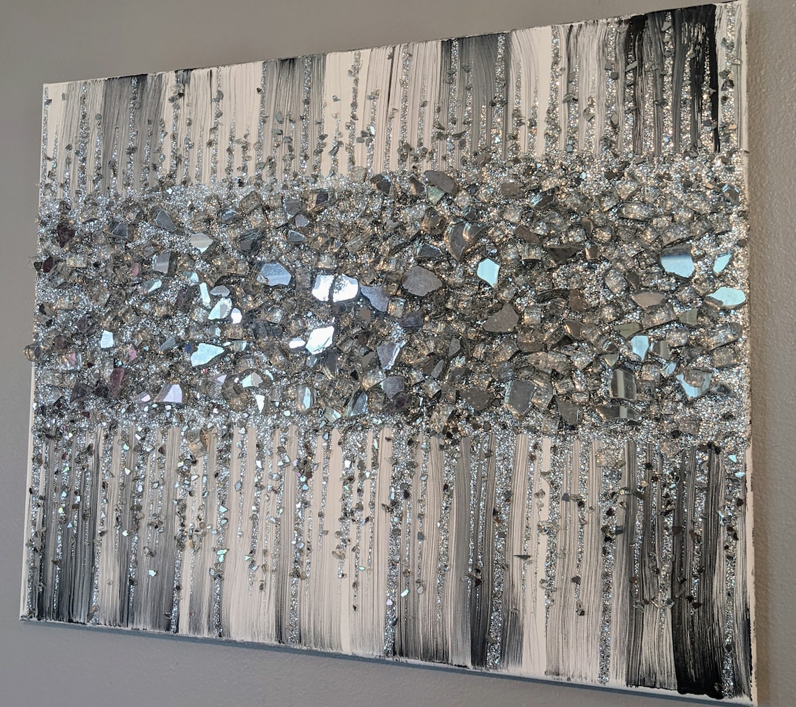 Classy Black & White Glitter Glass Wall Art Glass Wall Art Etsy