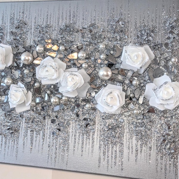 White Roses Glitter Glass Painting, Glam Silver Sparkly Wall Art, Elegant White & Silver Bling Decor Hanging