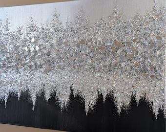 Glitter Painting Black Silver Wall Art, Pretty Classy Glitter Glass Painting, Sparkling Glam Modern Home Decor Original Artwork Gift