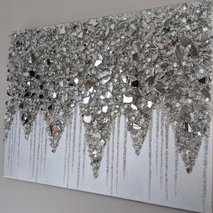Glitter Wall Art Silver Glam Glass Painting with Sparkling Silver Glitter – Modern Decor for Home & Office Stylish Accent