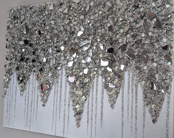 Glitter Wall Art Silver Glam Glass Painting with Sparkling Silver Glitter – Modern Decor for Home & Office Stylish Accent