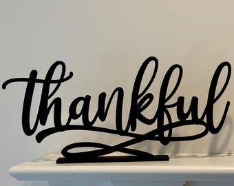 Laser Cut Thankful Gather Grateful Sign | 1/4” Baltic Birch Wood Table Decor | Black, White, Gold, Silver - Holiday Accent
