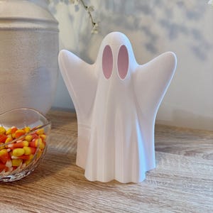 3D Printed Ghost Halloween Decoration – Modern Ghost Decor – Tea Light Halloween Ghost – Cute Shelf Sitter – White PLA Ghost Statue