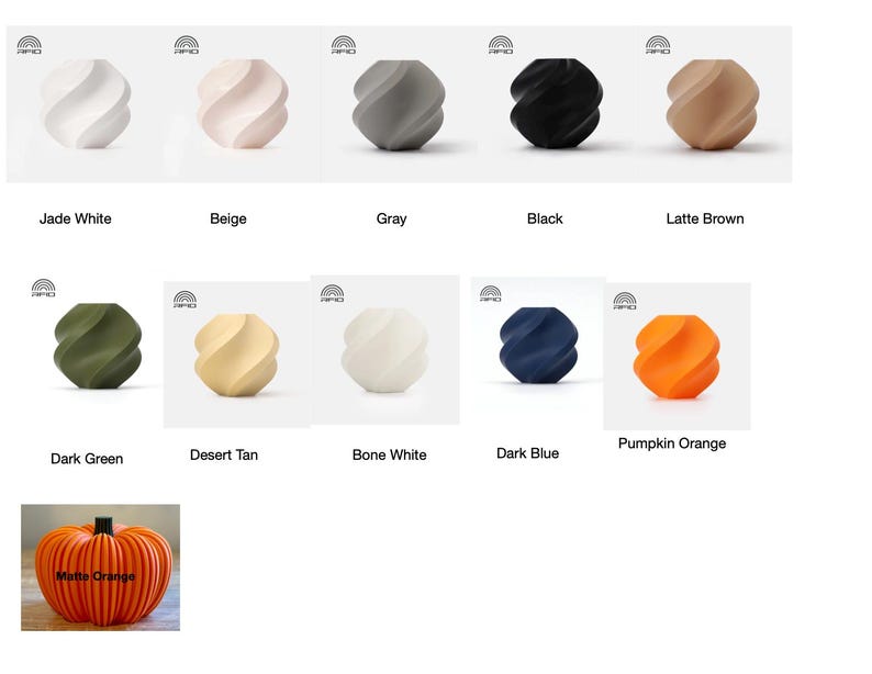 May include: A collection of decorative, spiral-shaped vases in various colors, including white, beige, gray, black, and brown. Additional colors are dark green, tan, bone white, dark blue, and pumpkin orange. A matte orange pumpkin is also shown.