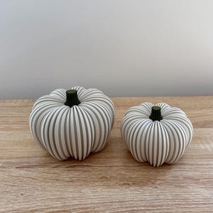 May include: Two decorative pumpkins with a ribbed design and green stems. The pumpkins are white with gray stripes and sit on a wooden surface. The pumpkins are different sizes, suggesting a set for fall decor.