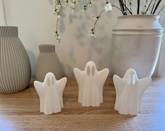 Set of 3 Minimalist 3D Printed Ghost Tea Light Holders – Halloween Decor, LED Candle Holder, Modern White Ghost Fall Decoration
