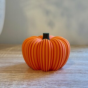 May include: An orange, ribbed pumpkin decoration with a black stem. The pumpkin is made of vertical slats, giving it a unique, modern look. Perfect for fall or Halloween decor.