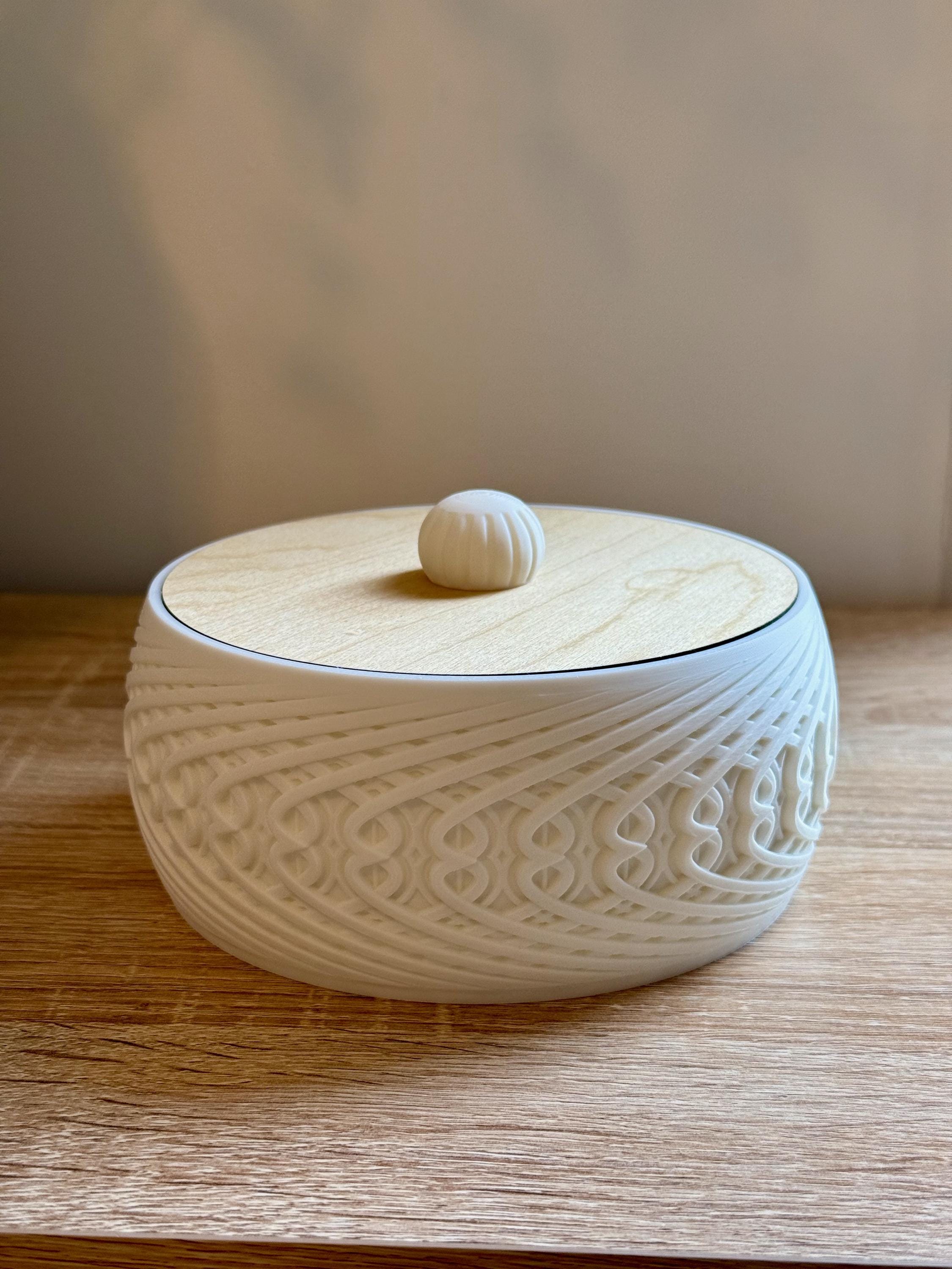 3D Printed Catch All Bowl with Wood Lid – Purse Drop Bowl, Walnut or Birch Top, Entryway Organizer, Geometric Storage Container – Small