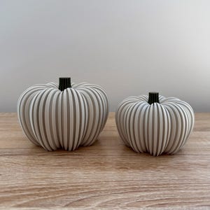 May include: Two decorative pumpkins with a ribbed design. The pumpkins are light gray with black stems and sit on a wooden surface. One pumpkin is larger than the other, creating a fall-themed display.