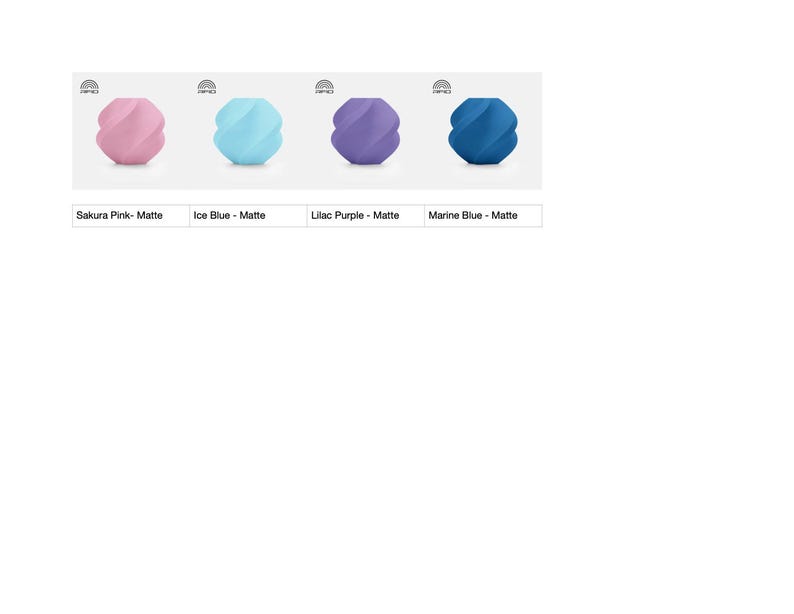 May include: Four matte finish decorative vases in a row. The vases are in shades of pink, blue, purple, and dark blue. The text below each vase indicates the color: Sakura Pink, Ice Blue, Lilac Purple, and Marine Blue.