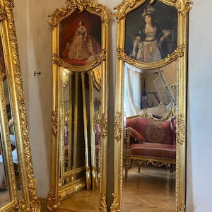 Pair of Antique French Gilt Portrait Mirrors – 170x40 cm (67x16 in) Tall Wall Mirrors, 19th Century Gilded Wood Frame, Decorative Vintage