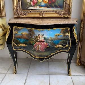 Cómoda francesa estilo Vernis Martin: cómoda pintada a mano con tablero de mármol, mueble antiguo estilo rococó Luis XV, 75 x 75 cm