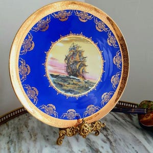 Antique Vienna Wall Plate  Cobalt Blue  Gold Gilded Porcelain with Sailing Ship 26.5 cm Decorative Plate