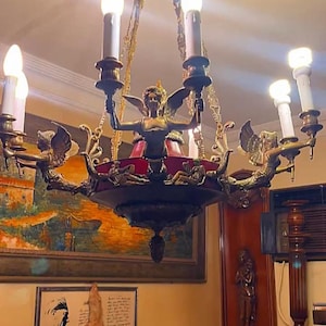 Antique French Empire Chandelier  Bronze  Red Enamel  Winged Angels Mythological Goddess Lighting  8 Light Rare Pendant Lamp