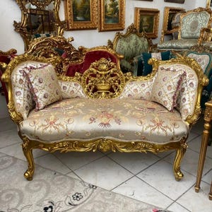 Antique Hand-Carved Gilded Sofa | 19th Century Rococo Style Gold Leaf 3-Seater Settee | French Luxury Palace Furniture