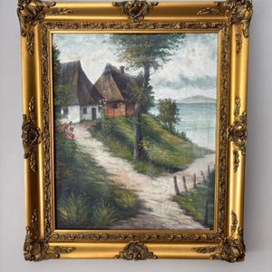 antiek olieverfschilderij Charmant vintage landschapsschilderij bladgoud ingelijst