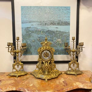 Antique French Empire Bronze Mantel Clock Set  Mythological Chimera Candelabras 19th Century Ormolu Garniture