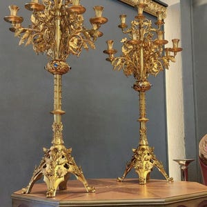 Pair of Monumental 17th Century Gothic Bronze Candelabras  97 cm  Antique French Castle Candle Holders