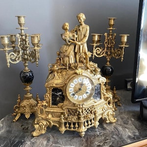 Baroque Romance in bronze  Antique Italian clock set with lovers sculpture