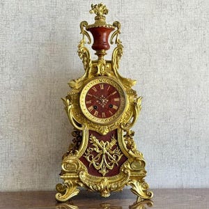 Majestic Antique French Ormolu Mantel Clock  Red Marble  Gilt Bronze lMythic Royal Design  gold plated