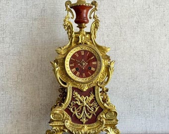Majestic Antique French Ormolu Mantel Clock  Red Marble  Gilt Bronze lMythic Royal Design  gold plated