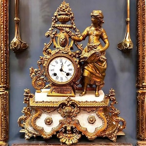 Opulent 19th Century French Rococo Gilt Bronze Mantel Clock with Lady Figurine  White Marble Base