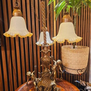 Monumental Antique Bronze Table Lamp 80 cm, 25 kg  One of a Kind Masterpiece with Cherubs  Triple Glass Shades