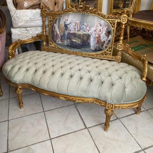 Antique Hand-Painted Gold Leaf French Sofa – Baroque Louis XVI Style Carved Wood Settee – Unique Gilded Rococo Bench