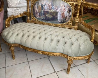 Antique Hand-Painted Gold Leaf French Sofa – Baroque Louis XVI Style Carved Wood Settee – Unique Gilded Rococo Bench